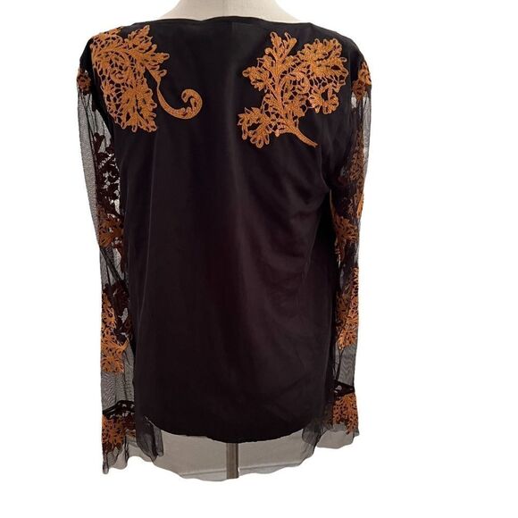 Sundance Boho Black + Gold Sheer Embroidered and Beaded Long Sleeve Top Small - Picture 3 of 7
